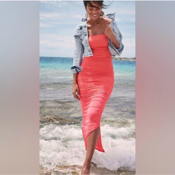VENUS Dresses & Skirts - Venus Coral Ruched Column Mesh Bodycon Dress with Spaghetti Straps Size 2X